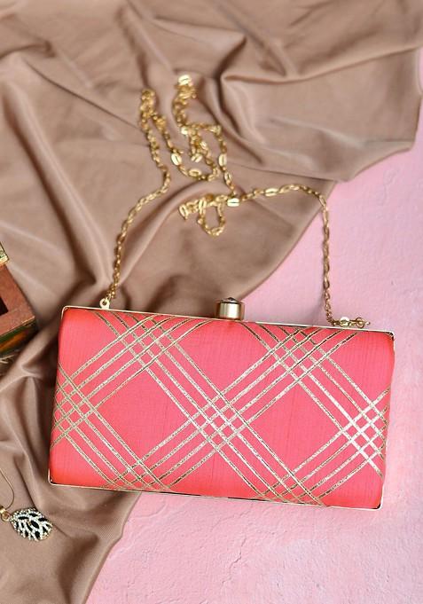 Coral Satin Embroidered Box Clutch