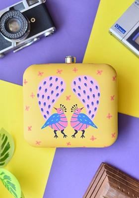 Yellow Fabric Printed Box Clutch