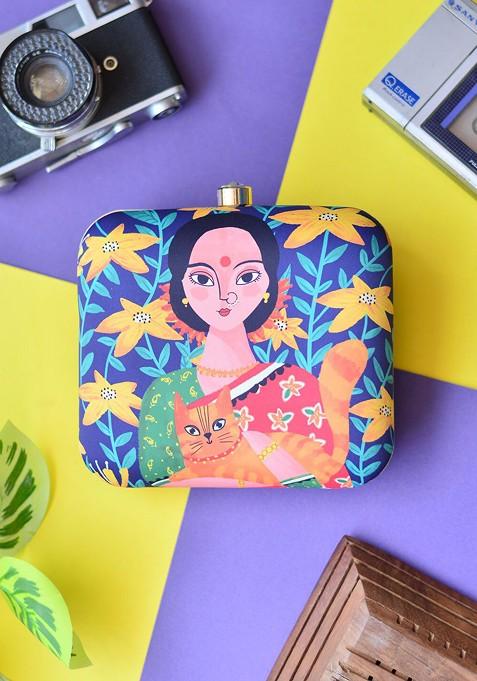 Blue Fabric Printed Box Clutch