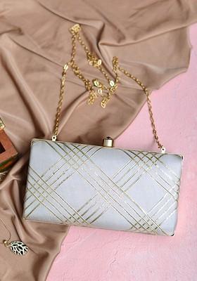 Grey Satin Women Embroidered Fabric Box Clutch