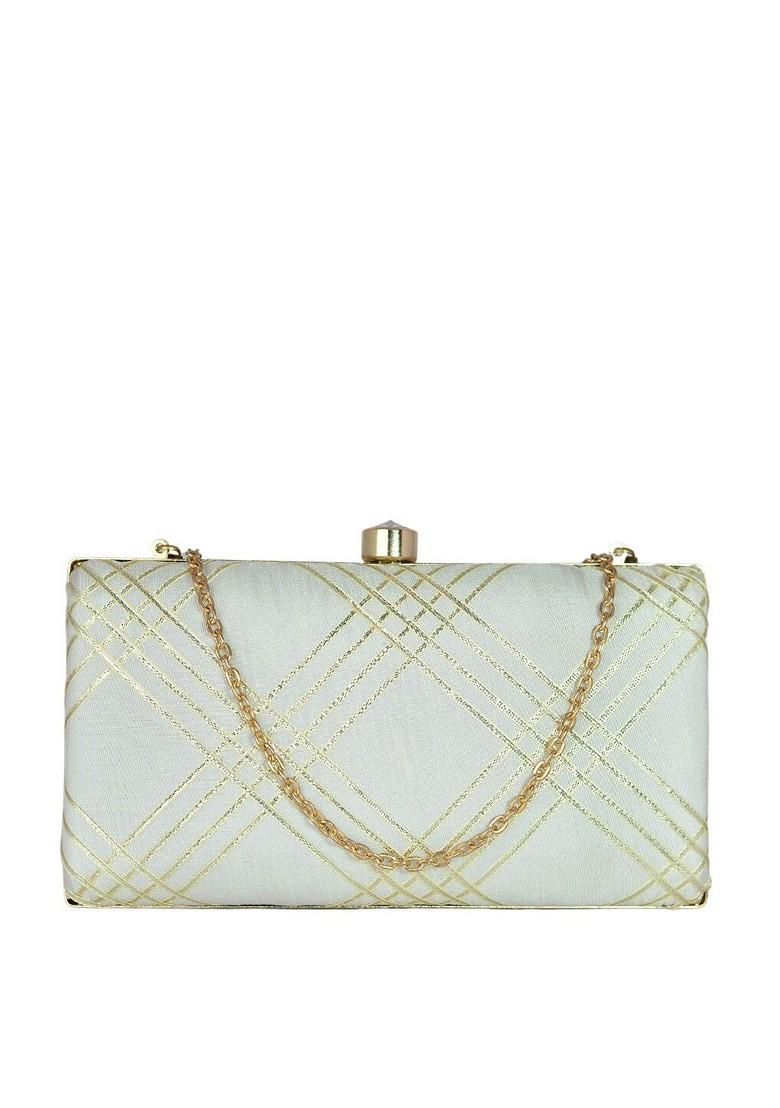 Grey Satin Women Embroidered Fabric Box Clutch - Indya