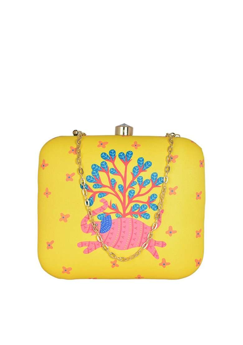 Yellow Fabric Women Printed Fabric Box Clutch - Indya