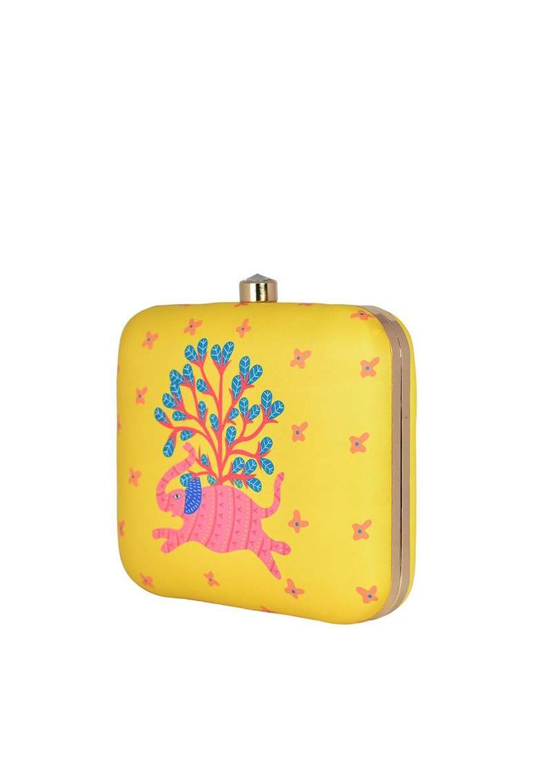 Yellow Fabric Women Printed Fabric Box Clutch - Indya