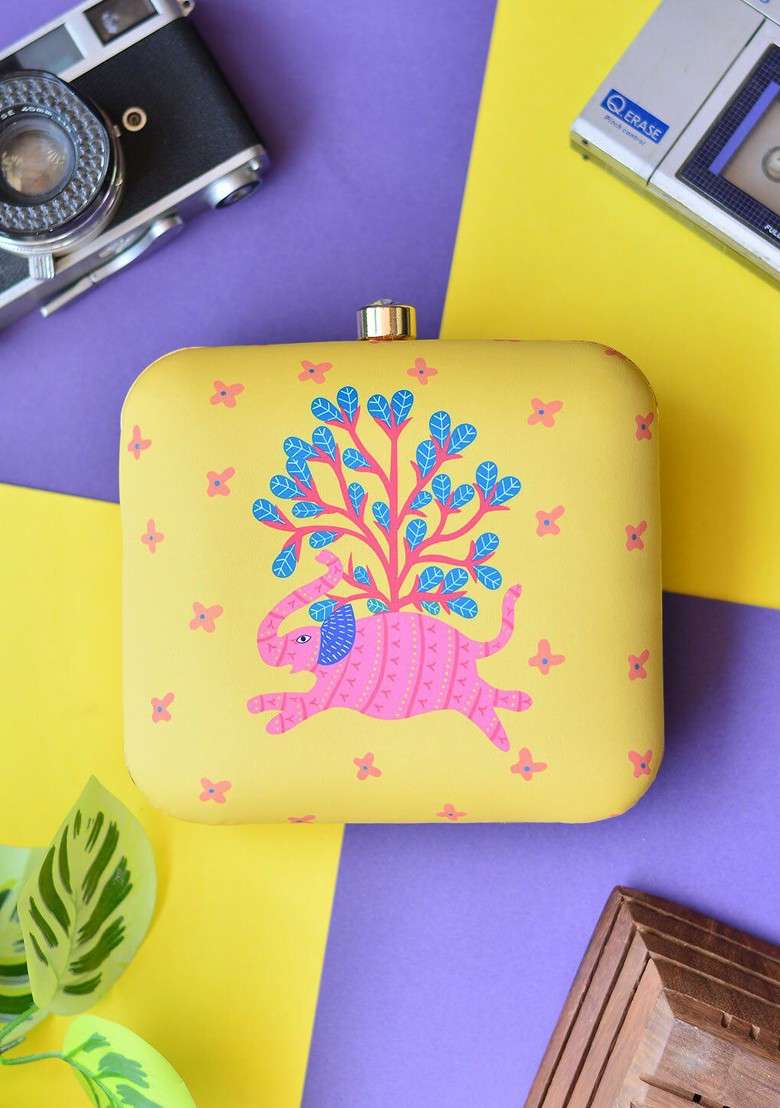 Yellow Fabric Women Printed Fabric Box Clutch - Indya