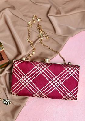 Maroon Satin Women Embellished Fabric Box Clutch