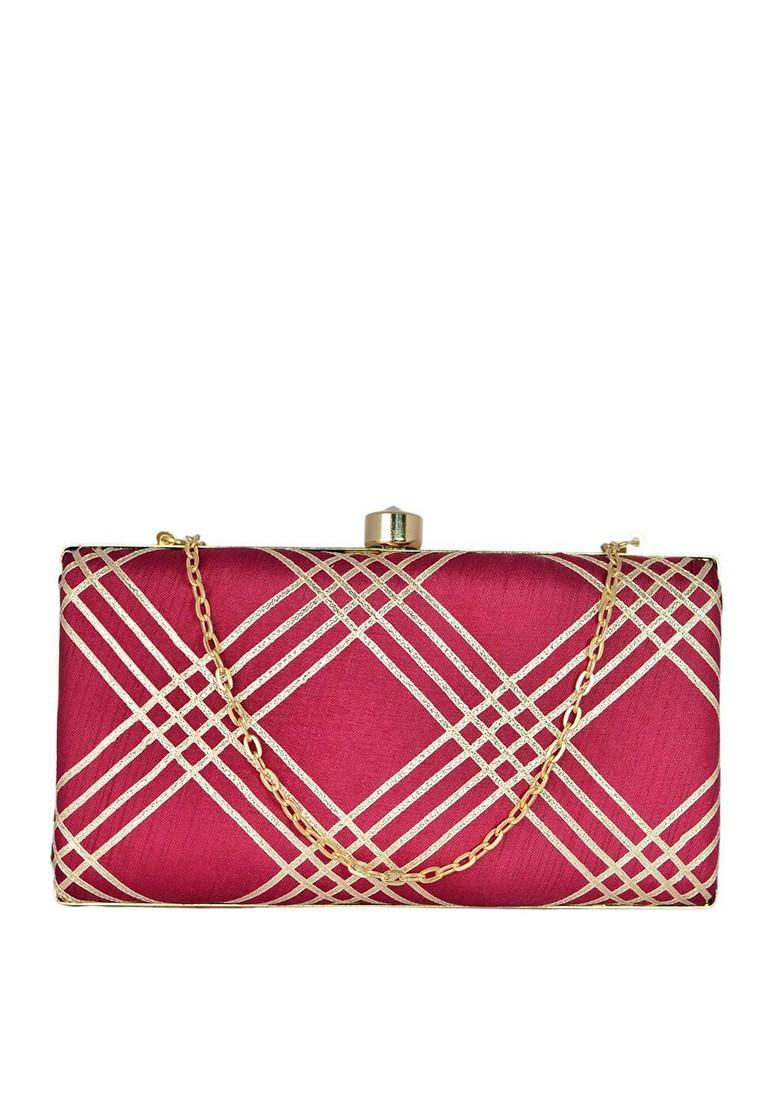 Maroon Satin Women Embellished Fabric Box Clutch - Indya