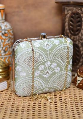 Green Satin Women Embroidered Fabric Box Clutch