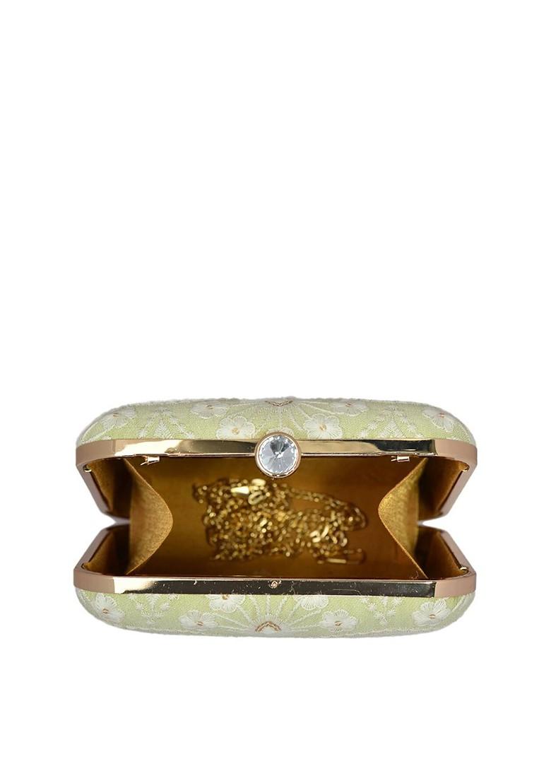 Green Satin Women Embroidered Fabric Box Clutch - Indya
