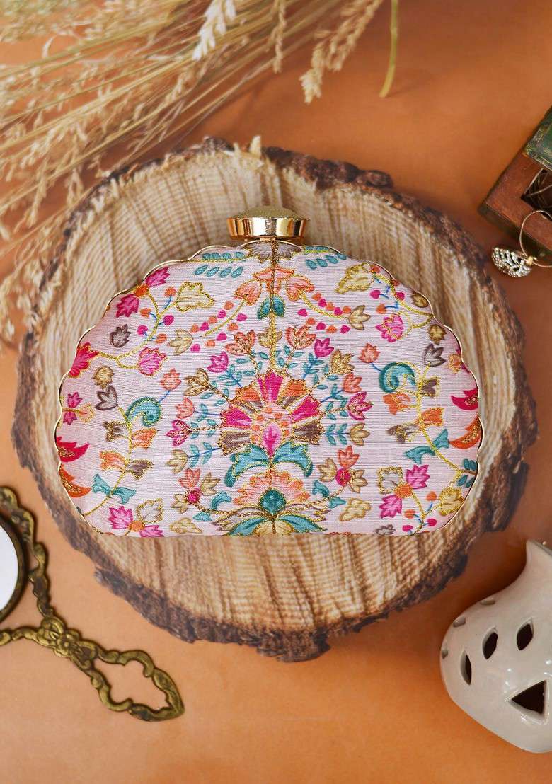 White Satin Women Embroidered Fabric Box Clutch - Indya