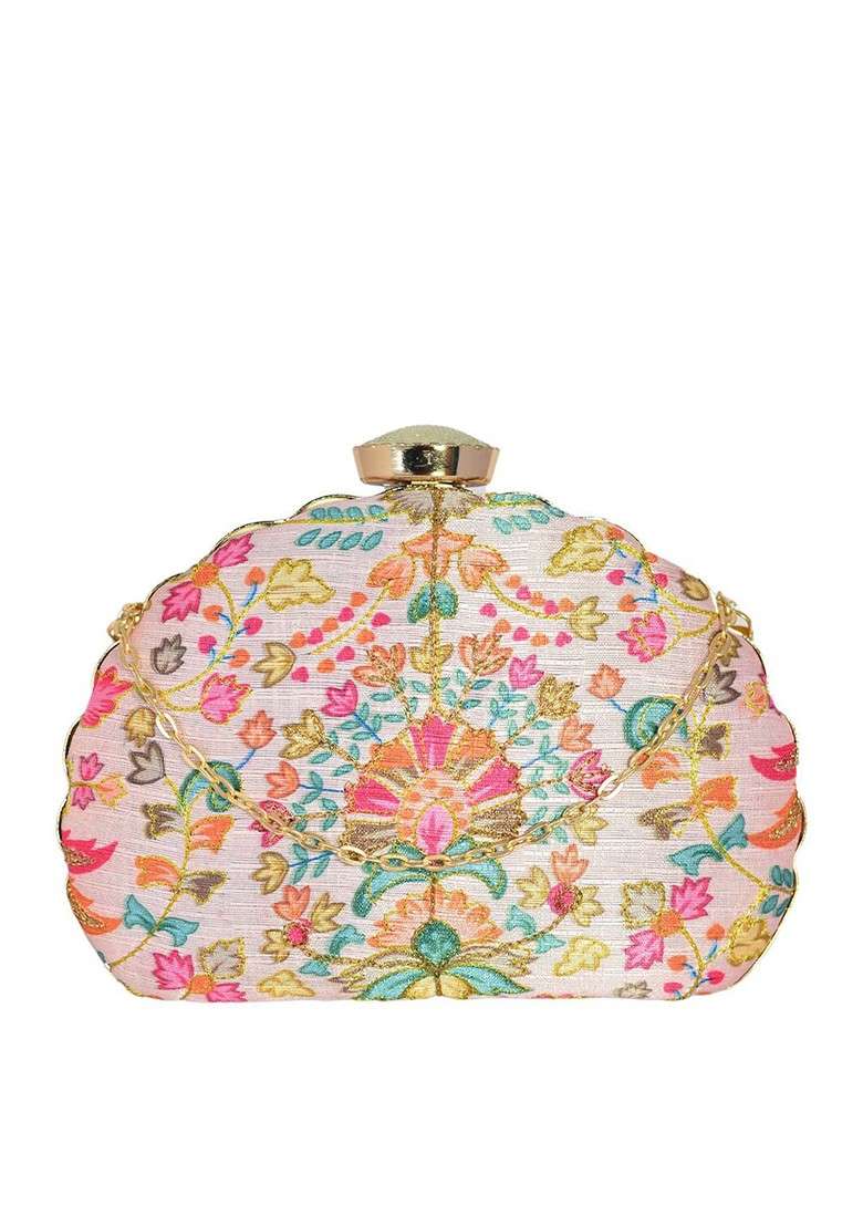 White Satin Women Embroidered Fabric Box Clutch - Indya