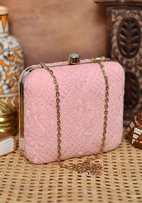 Pink Satin Women Embroidered Fabric Box Clutch