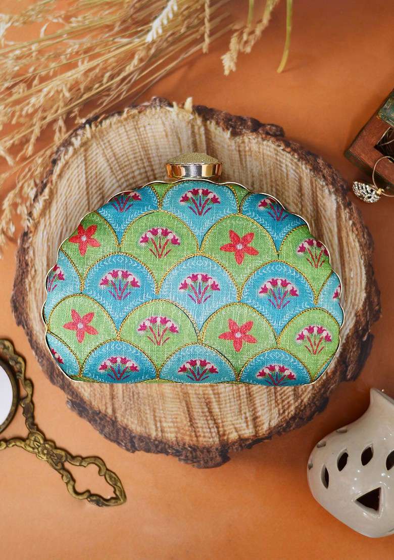 Turquoise Blue Satin Women Embroidered Fabric Box Clutch - Indya
