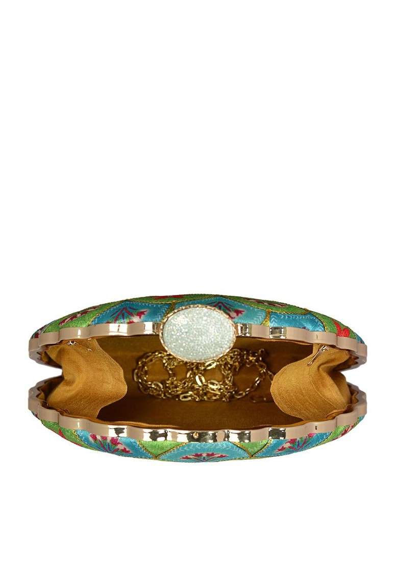 Turquoise Blue Satin Women Embroidered Fabric Box Clutch - Indya