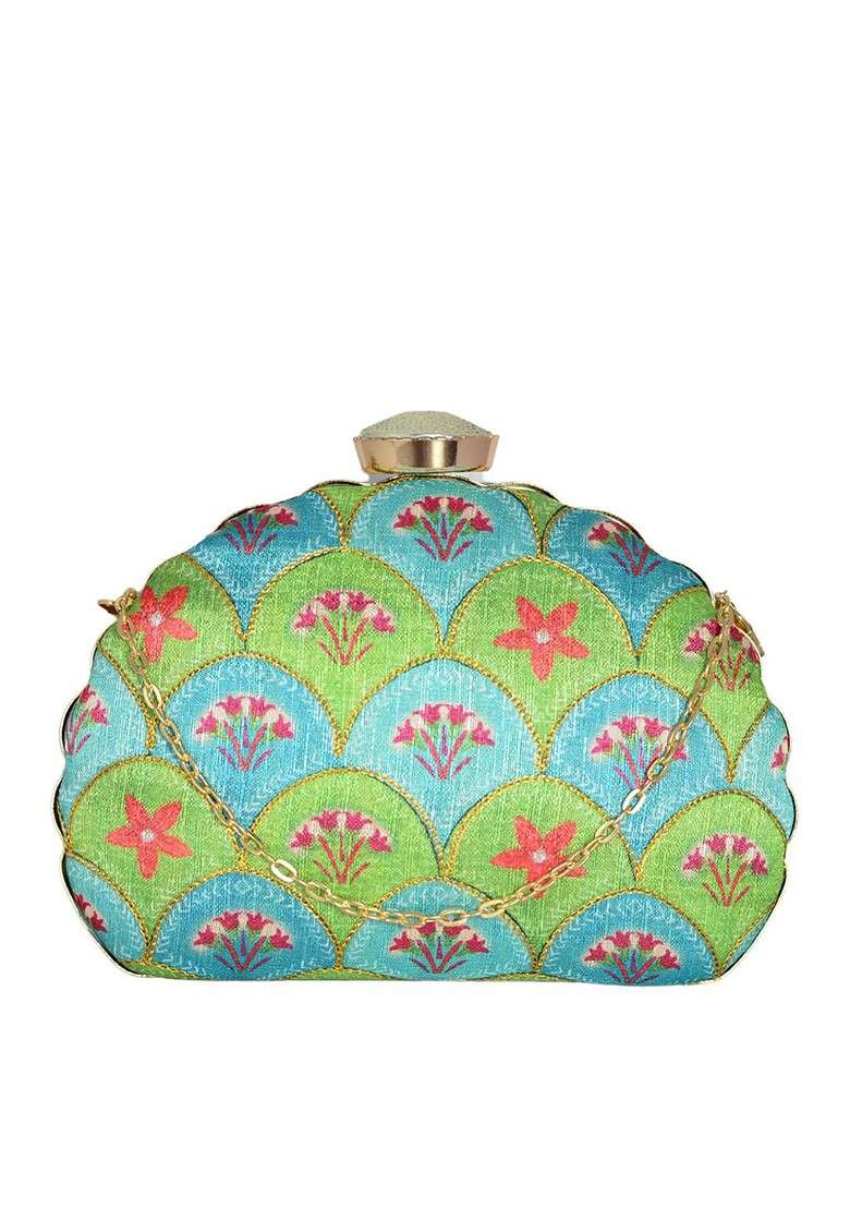 Turquoise Blue Satin Women Embroidered Fabric Box Clutch - Indya