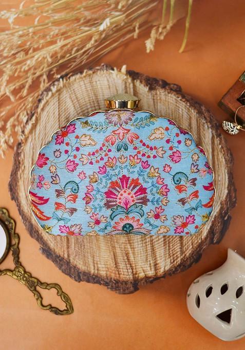 Blue Satin Embroidered Box Clutch