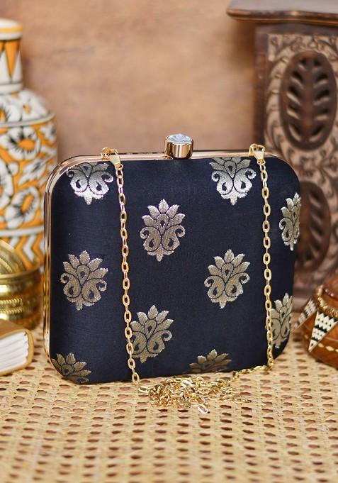 Black Satin Embroidered Box Clutch