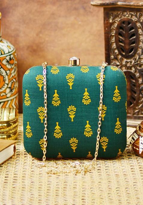 Green Fabric Green And Yellow Printed Box Clutch