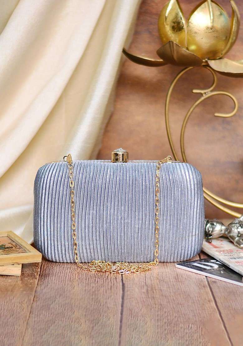 Grey Satin Grey Embroidered Embroidered Box Clutch - Indya