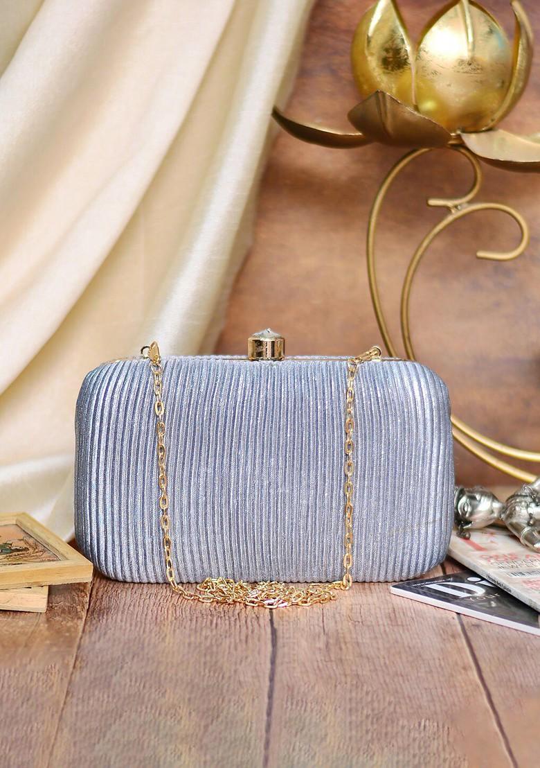 Grey Satin Grey Embroidered Embroidered Box Clutch - Indya