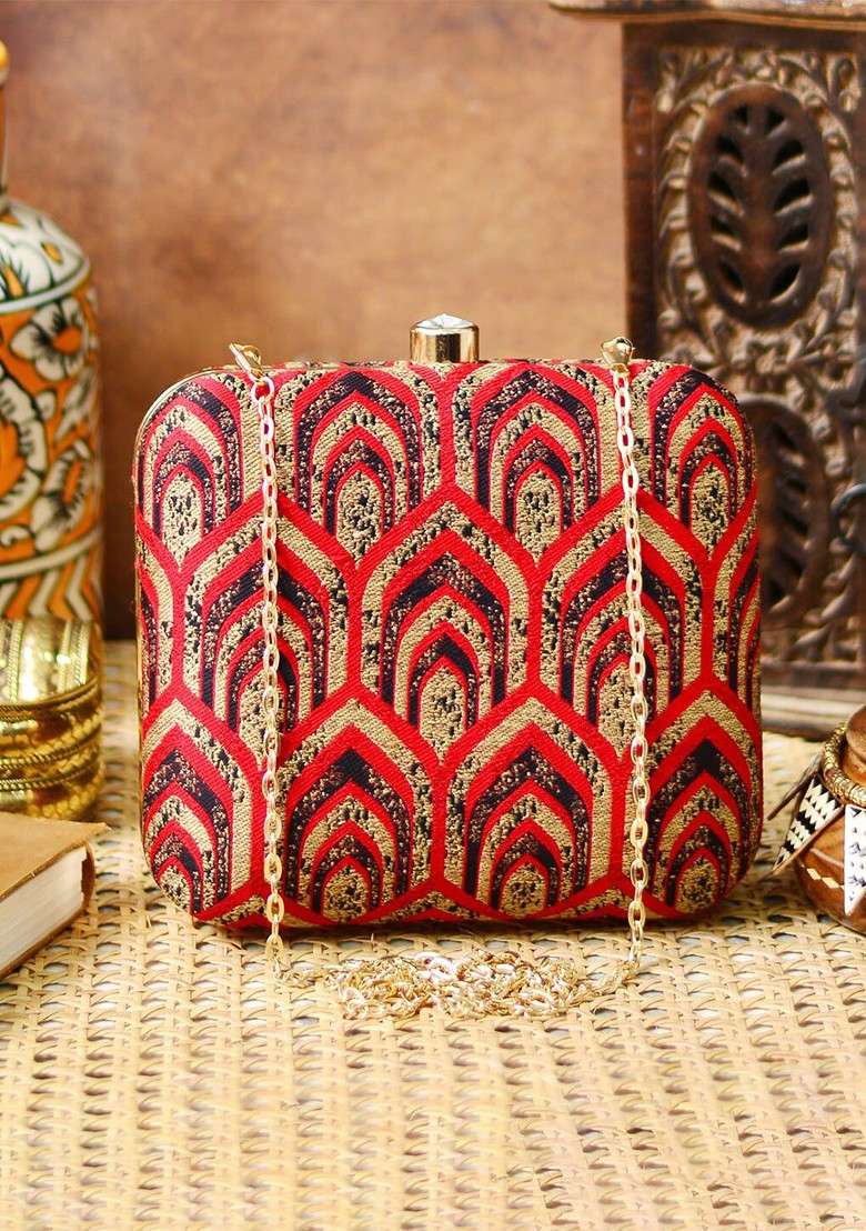 Red Satin Red And Gold Toned Embroidered Embroidered Box Clutch - Indya