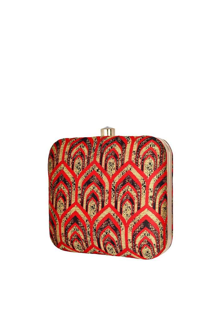 Red Satin Red And Gold Toned Embroidered Embroidered Box Clutch - Indya