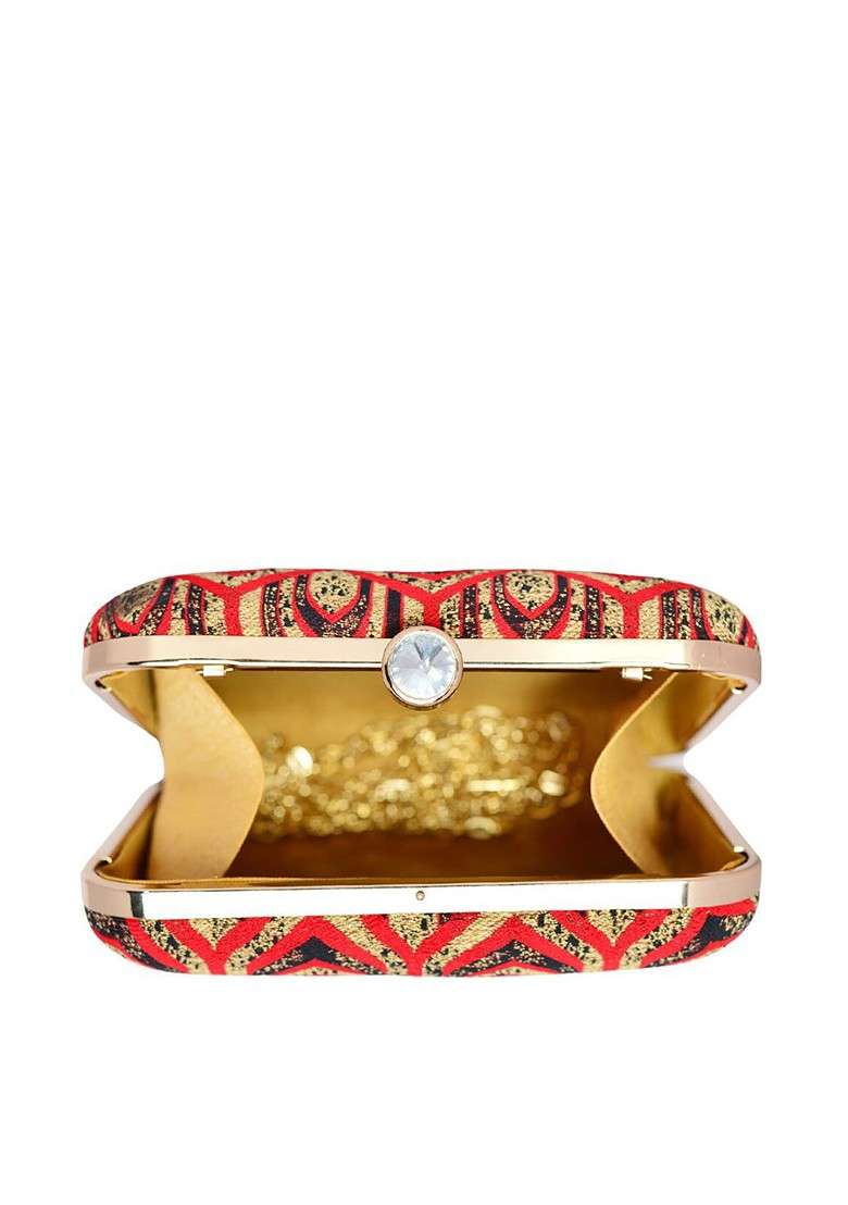 Red Satin Red And Gold Toned Embroidered Embroidered Box Clutch - Indya