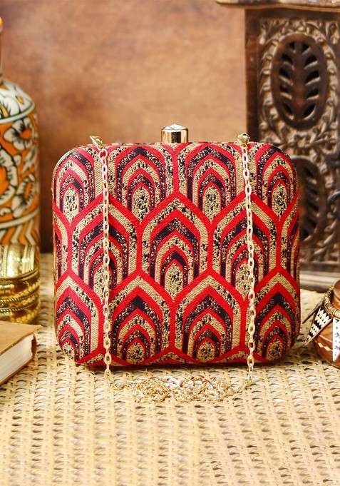 Red Satin Red And Gold Toned Embroidered Embroidered Box Clutch
