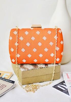 Orange Satin Orange And Gold Toned Embroidered Box Clutch