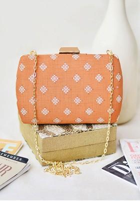 Brown Satin Brown And Gold Toned Embroidered Box Clutch