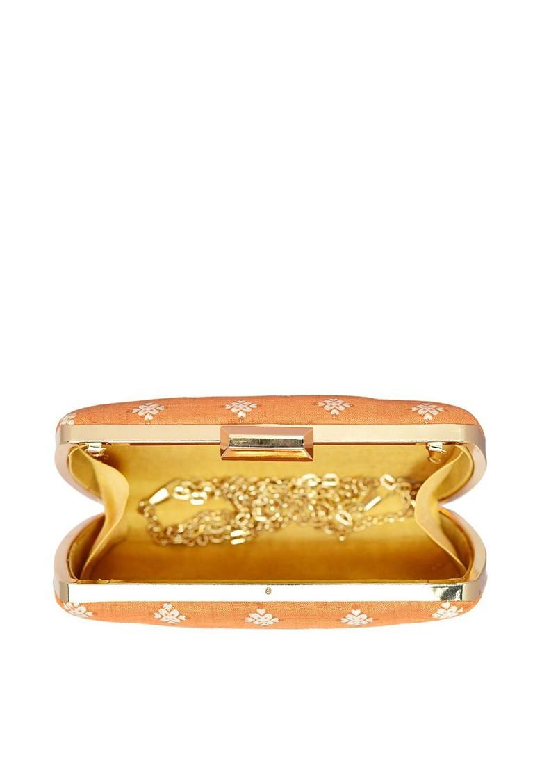 Brown Satin Brown And Gold Toned Embroidered Box Clutch - Indya