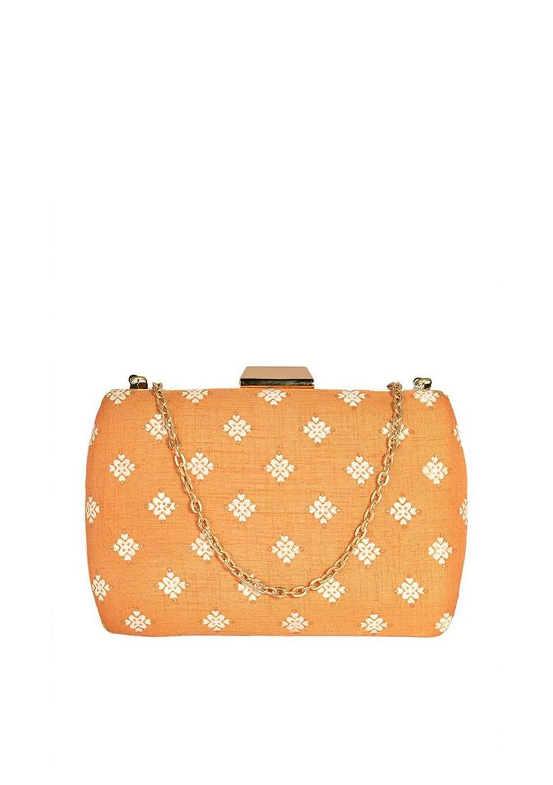 Brown Satin Brown And Gold Toned Embroidered Box Clutch - Indya