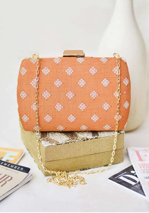 Brown Satin Brown And Gold Toned Embroidered Box Clutch