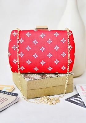 Red Satin Red And Gold Toned Embroidered Box Clutch