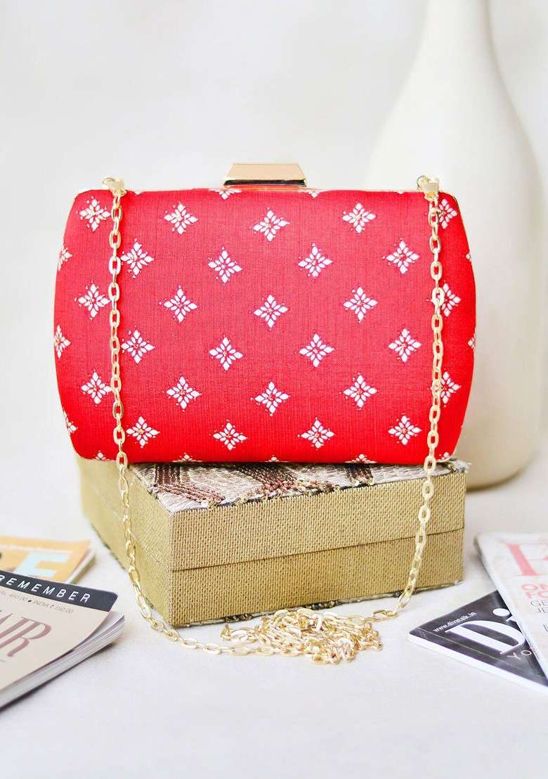 Red Satin Red And Gold Toned Embroidered Box Clutch - Indya