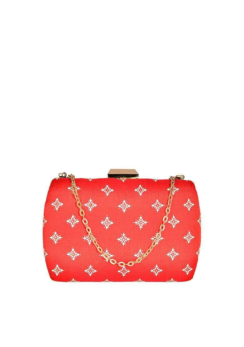 Red Satin Red And Gold Toned Embroidered Box Clutch - Indya