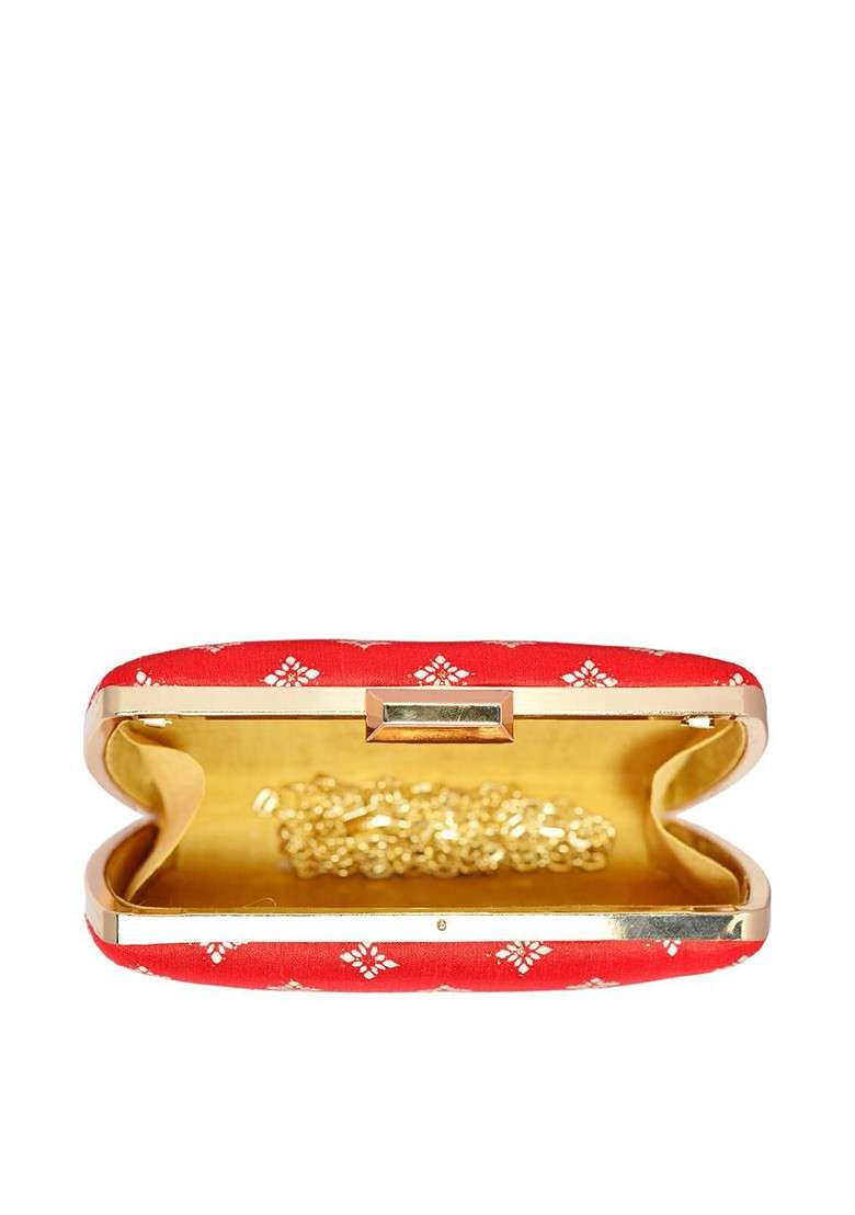 Red Satin Red And Gold Toned Embroidered Box Clutch - Indya