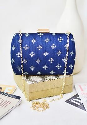 Blue Satin Blue And Gold Toned Embroidered Box Clutch