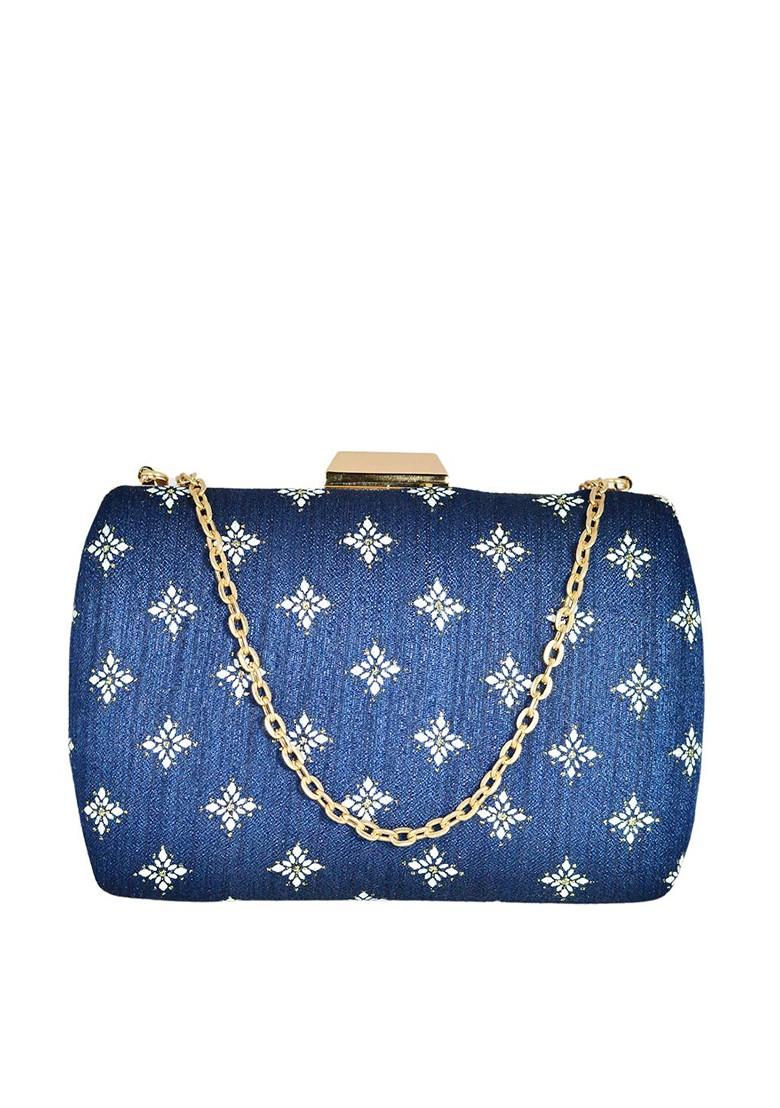 Blue Satin Blue And Gold Toned Embroidered Box Clutch - Indya