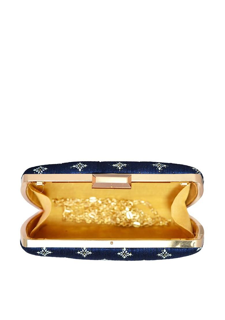 Blue Satin Blue And Gold Toned Embroidered Box Clutch - Indya