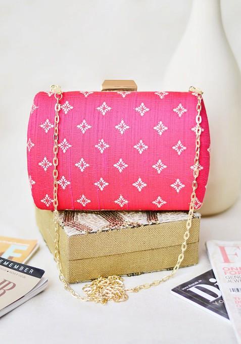 Pink Fabric Pink And Gold Toned Printed Box Clutch