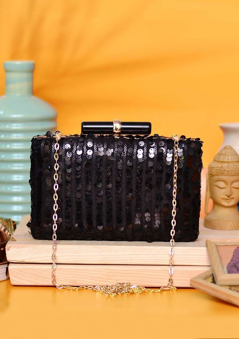 Black Satin Black Embellished Box Clutch - Indya