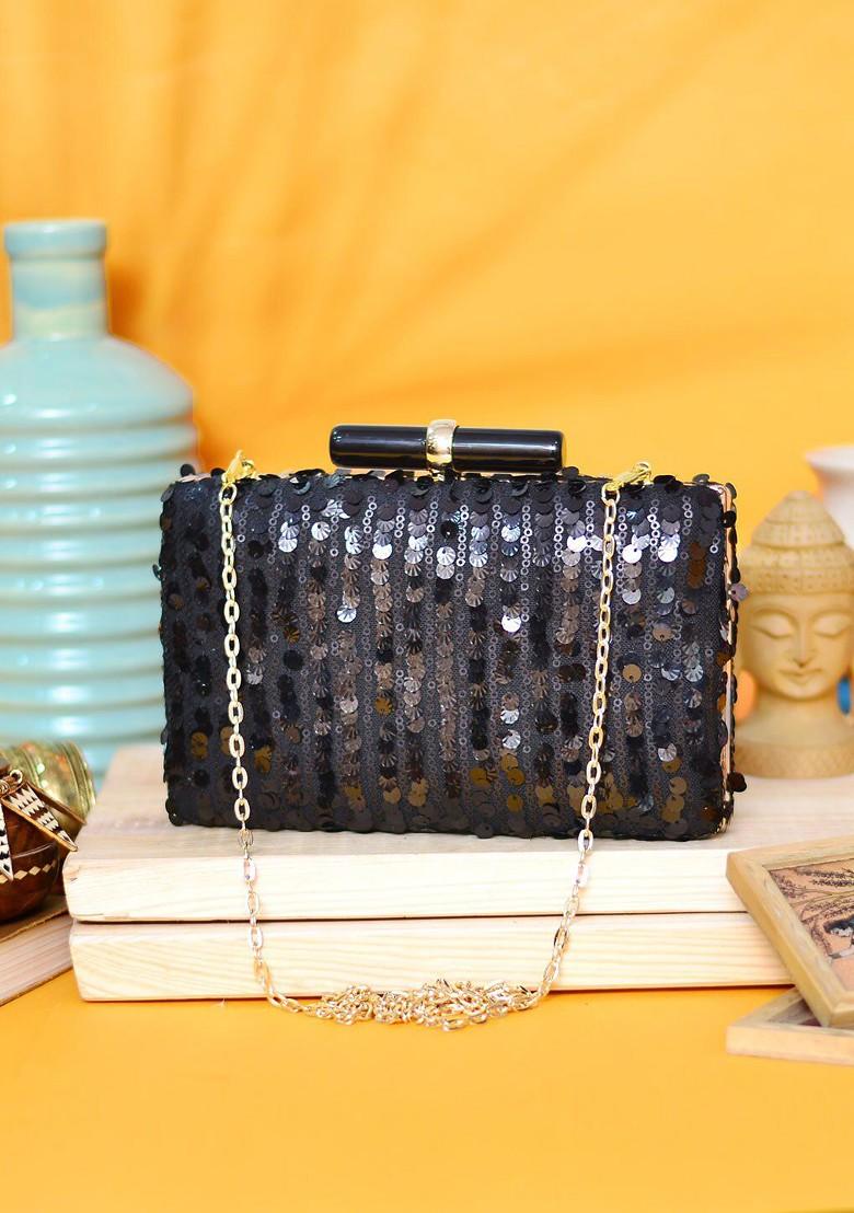 Black Satin Black Embellished Box Clutch - Indya