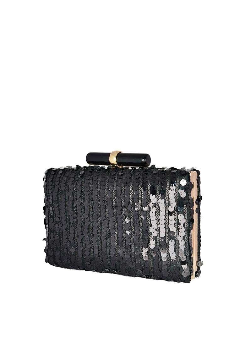Black Satin Black Embellished Box Clutch - Indya