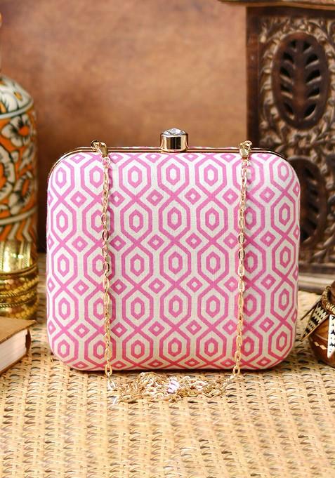 Pink Fabric Pink And White Printed Box Clutch