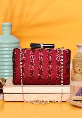 Red Satin Red And Gold Toned Embellished Embellished Box Clutch