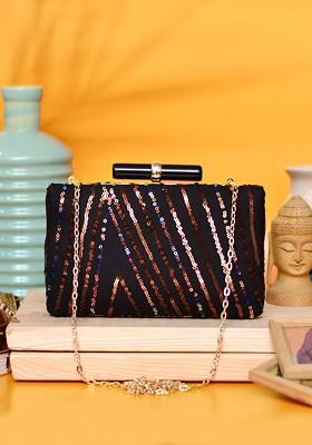 Black Satin Black And Gold Toned Embellished Embellished Box Clutch