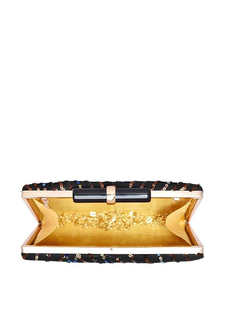 Black Satin Black And Gold Toned Embellished Embellished Box Clutch - Indya