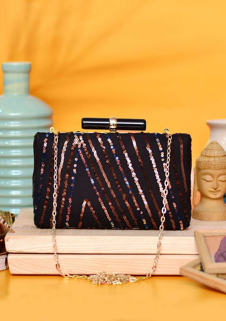 Black Satin Black And Gold Toned Embellished Embellished Box Clutch - Indya