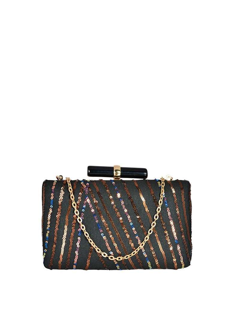 Black Satin Black And Gold Toned Embellished Embellished Box Clutch - Indya