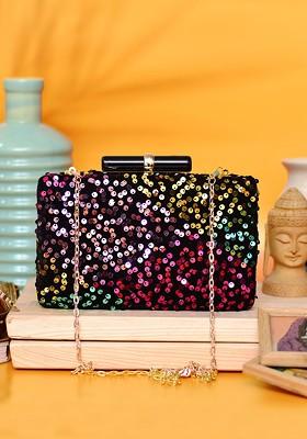 Black Satin Black And Purple Embellished Box Clutch